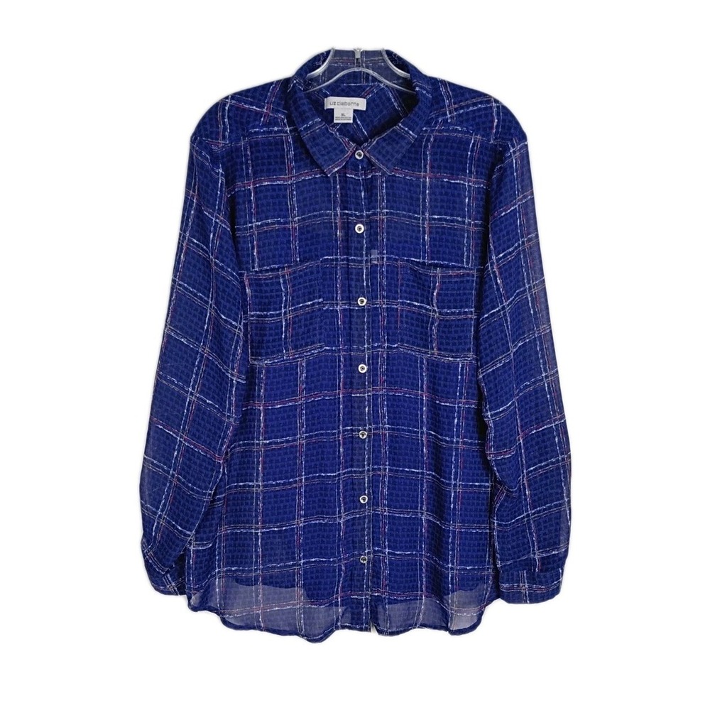 Liz Claiborne Blue Plaid Blouse Top Tunic XL Long Sleeve 2 Piece Set Cami Sheer